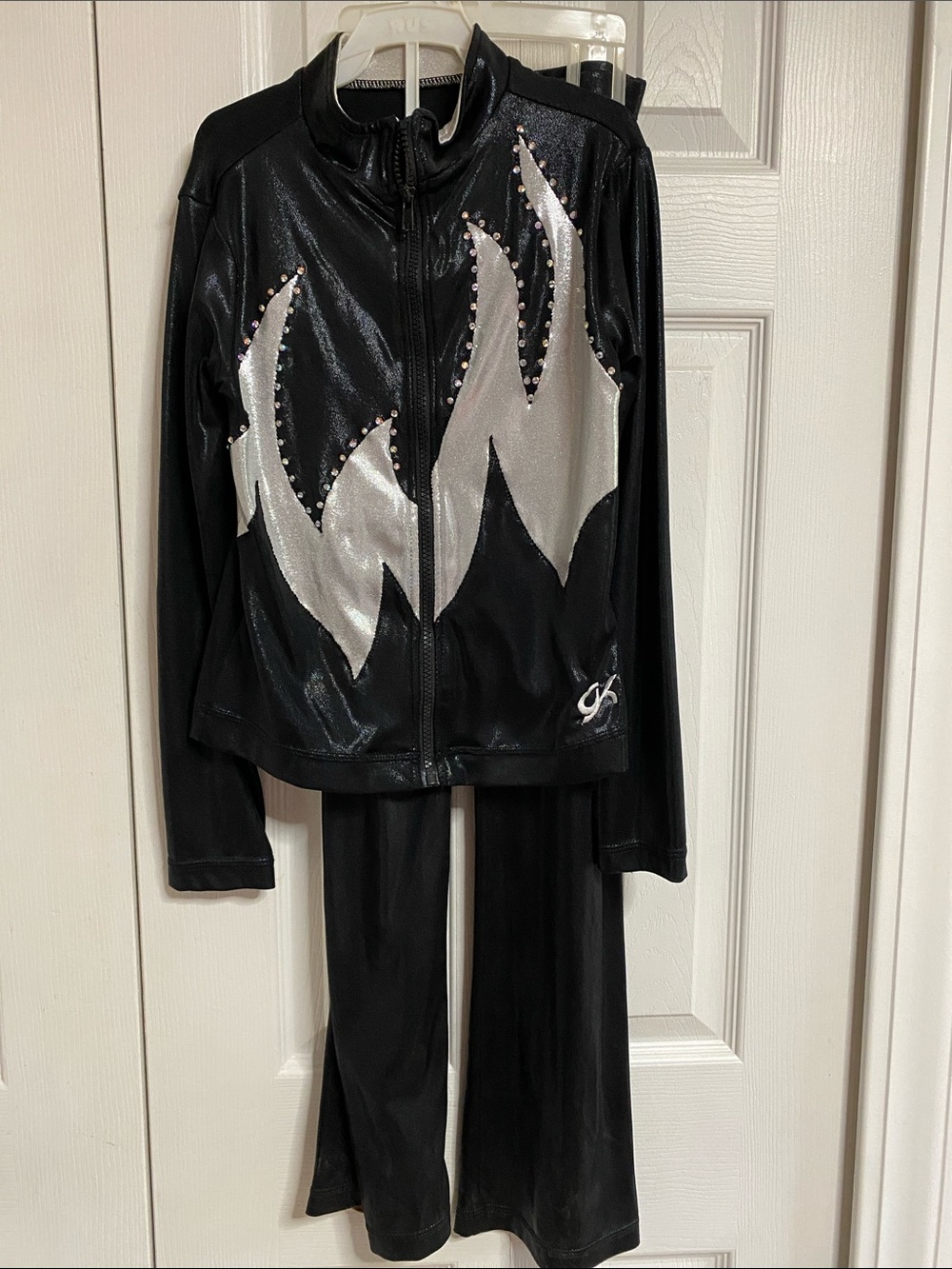 GK Elite Black Gymnastics Warm-up Set with Silver Flame and Crystal Accents